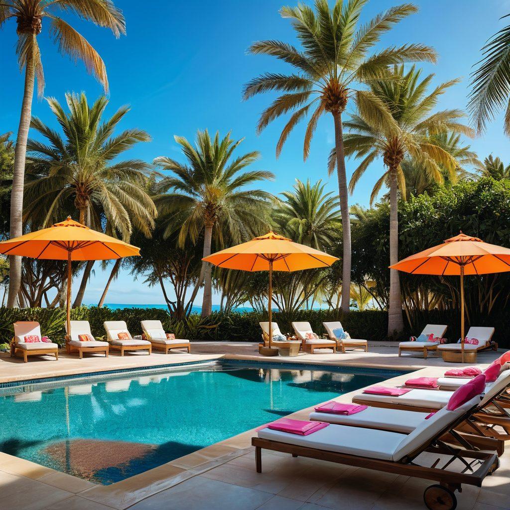 A stylish summer scene featuring a diverse group of fashionable individuals lounging by a luxurious resort pool, showcasing trendy swimwear in various vibrant colors and patterns. The backdrop includes palm trees, a clear blue sky, and lounge chairs under colorful umbrellas. Sunlight sparkles on the water, creating a relaxed yet chic atmosphere. Emphasize a feeling of warmth and enjoyment that comes with summer fashion. super-realistic. vibrant colors. tropical vibe.